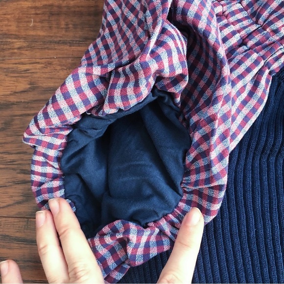 Maeve • Anthro Puff-Sleeve Mini Dress ribbed sweater gingham sleeves button - Picture 7 of 14